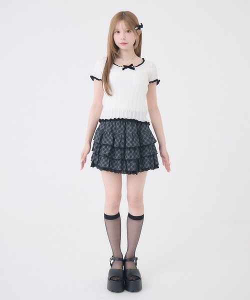 Rmine(アールマイン)の「配色リボンリブトップス(Tシャツ/カットソー・レディース・ホワイト/ピンク・FREE)」の3枚目の写真