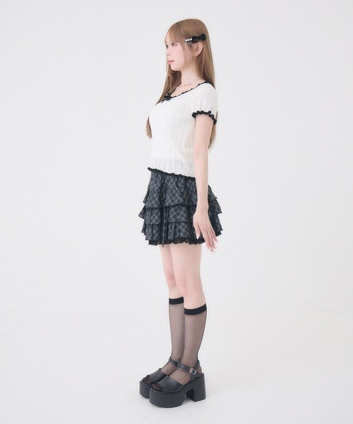 Rmine(アールマイン)の「配色リボンリブトップス(Tシャツ/カットソー・レディース・ホワイト/ピンク・FREE)」の4枚目の写真