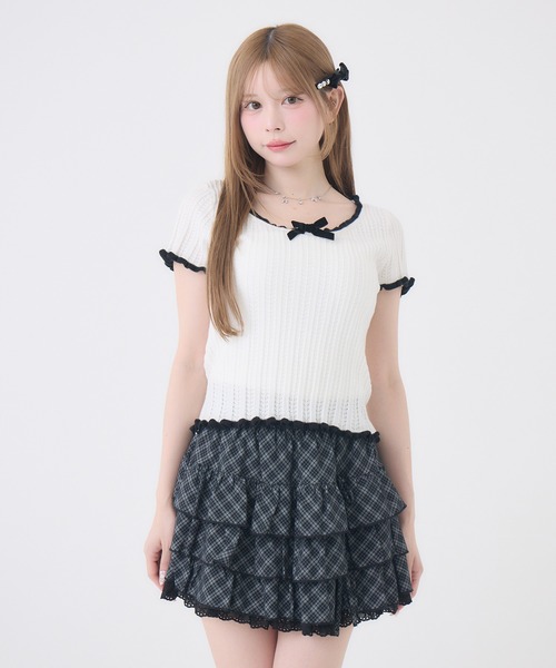 Rmine(アールマイン)の「配色リボンリブトップス(Tシャツ/カットソー・レディース・ホワイト/ピンク・FREE)」の6枚目の写真