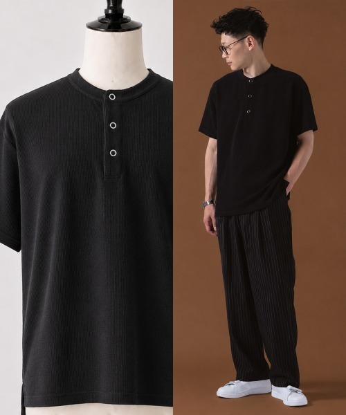 OXA(オグザ)の「リブ半袖ヘンリーネックTシャツ OXA(Tシャツ/カットソー・メンズ・ブラック/ホワイト・FREE)」の2枚目の写真