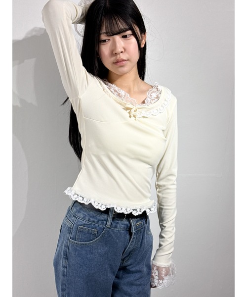 owen(オーウェン)の「レースフリルネック リブトップス シアー切替 フェミニンタイトカットソー(Tシャツ/カットソー・レディース・ブラック/ベージュ・S/M/L)」の17枚目の写真
