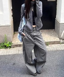 フロントボタンデザインチェック柄ワイドパンツ