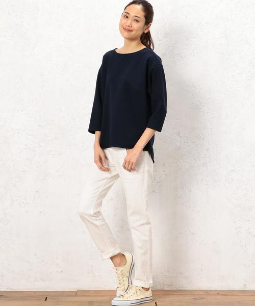 green label relaxing(グリーンレーベルリラクシング)の「KF ジョーゼット ボンディング プルオーバー カットソー◆(Tシャツ/カットソー・レディース・オフホワイト/ネイビー・FREE)」の6枚目の写真