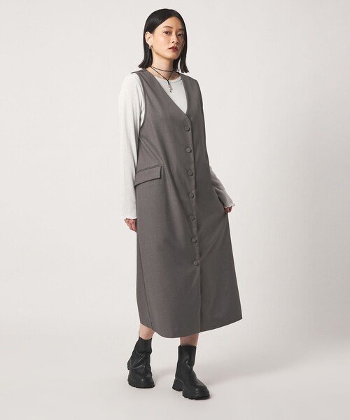 A DAY IN THE LIFE UNITED ARROWS(アデイインザライフユナイテッドアローズ)の「ボタン Vネック ジャンパースカート 2WAY -ウォッシャブル- <A DAY IN THE LIFE>(ワンピース・レディース・ネイビー/グレー系/ブラック・FREE)」の1枚目の写真