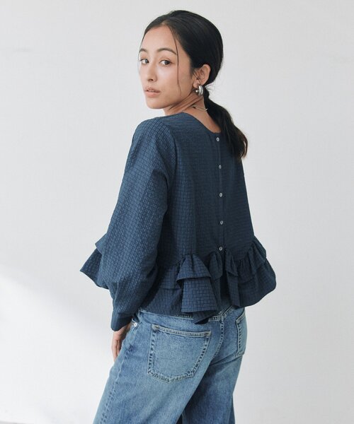 RIVE DROITE（リヴドロワ）の「【WEB限定/2WAY】チェックペプラムシャツ（秋服）（シャツ/ブラウス・レディース・ネイビー/アイボリー・FREE）」の10枚目の写真