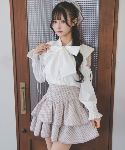 夢展望(ユメテンボウ)の「ビジューチェーンセットティアードミニツイードスカート【大きいサイズあり】(スカート・レディース・ピンク/アイボリー/ブラック・L~LL/M~L/LL~3L)」の5枚目の写真