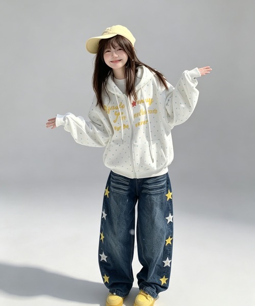 GEMEDA（ジェメダ）の「可愛いドット柄前プリントジップパーカー（パーカー・レディース・ホワイト・M）」の8枚目の写真