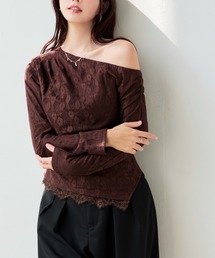 レーストップス レディース 長袖花柄レース アシンメトリーネック ワンショルダー 肩見せ サイドギャザー ドレープ シャーリング パワーショルダー 裾レース フィット 細見え 透け感 フェミニン エレガント きれいめ パーティー デート 秋 冬