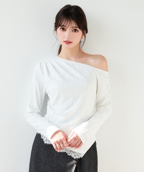 セール】レーストップス レディース 長袖花柄レース アシンメトリー