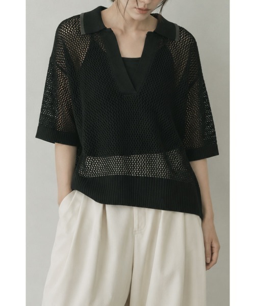marjour(マージュール)の「LINE MESH POLO KNIT(ニット/セーター・レディース・ブラック/ブラウン・M)」の1枚目の写真