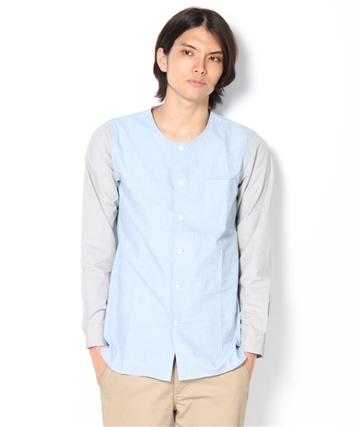 And A(アンドエー)の「ノーカラー2トーン長袖シャツ (ANSOMEONE)(シャツ/ブラウス・メンズ・ブラック/サックスブルー/オレンジ・42/44)」の3枚目の写真