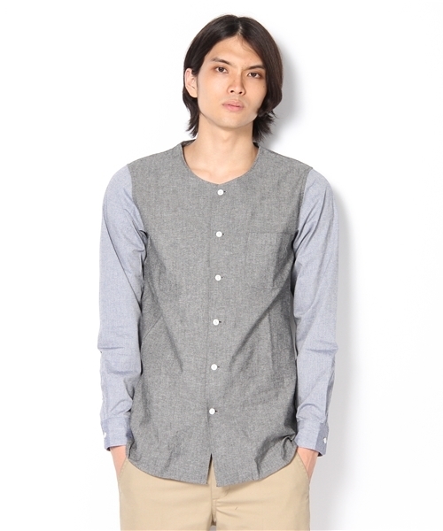 And A(アンドエー)の「ノーカラー2トーン長袖シャツ (ANSOMEONE)(シャツ/ブラウス・メンズ・ブラック/サックスブルー/オレンジ・42/44)」の2枚目の写真