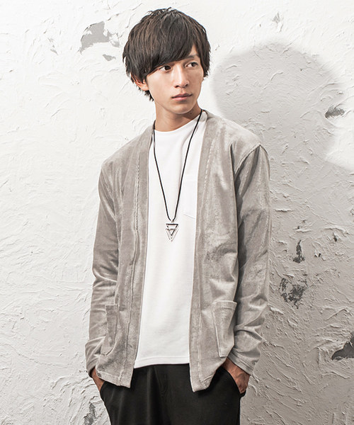 MinoriTY（マイノリティ）の「ベロアカーディガン（カーディガン/ボレロ・メンズ・杢グレー/ワイン/キャメル/ダークブルー・M/L）」の2枚目の写真