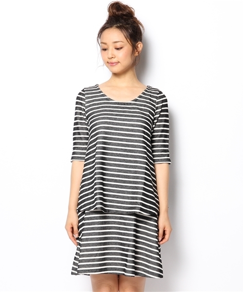 mystic（ミスティック）の「ティアードテレコボーダーワンピース（ワンピース・レディース・ベージュ/ボルドー/ネイビー/ブラック・ﾌﾘ-）」の5枚目の写真