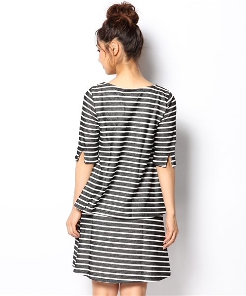 mystic（ミスティック）の「ティアードテレコボーダーワンピース（ワンピース・レディース・ベージュ/ボルドー/ネイビー/ブラック・ﾌﾘ-）」の7枚目の写真