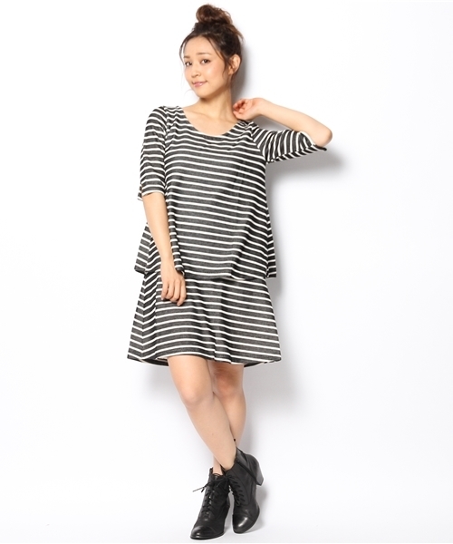 mystic（ミスティック）の「ティアードテレコボーダーワンピース（ワンピース・レディース・ベージュ/ボルドー/ネイビー/ブラック・ﾌﾘ-）」の8枚目の写真