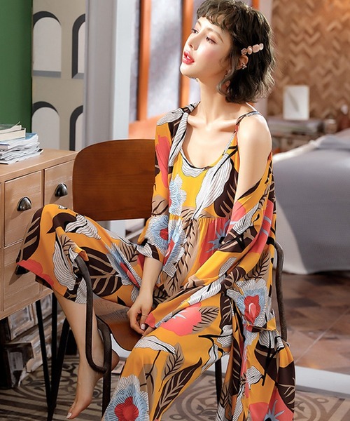 セール】レディース とろみフリルキャミ+パンツ+ガウン+紐ベルト