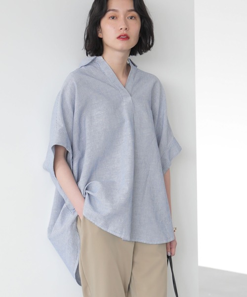 AMERICAN HOLIC(アメリカンホリック)の「スキッパーリネンブレンドシャツ *(シャツ/ブラウス・レディース・ストライプ/チェック/ネイビー/オフホワイト/オレンジ・M/L)」の4枚目の写真