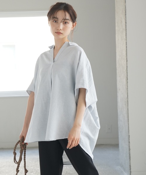 AMERICAN HOLIC(アメリカンホリック)の「スキッパーリネンブレンドシャツ *(シャツ/ブラウス・レディース・ストライプ/チェック/ネイビー/オフホワイト/オレンジ・M/L)」の5枚目の写真