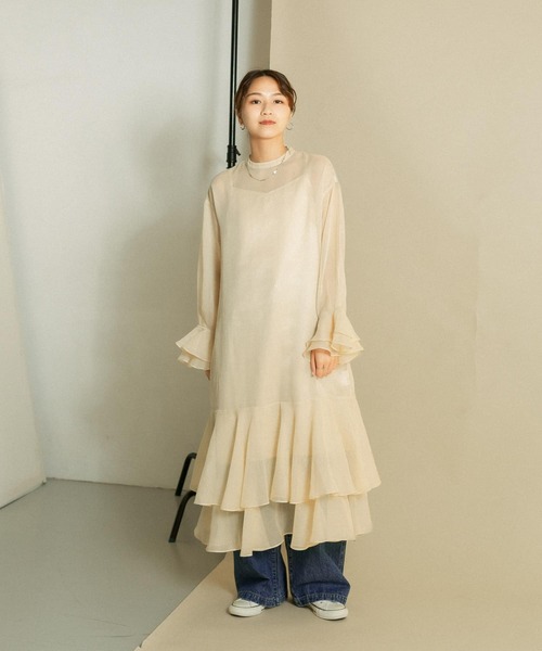 KBF（ケイビーエフ）の「シアーラッフルワンピース（ワンピース・レディース・ライトベージュ/ライトブルー/ブラック・ONE）」の9枚目の写真