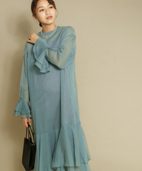 KBF（ケイビーエフ）の「シアーラッフルワンピース（ワンピース・レディース・ライトベージュ/ライトブルー/ブラック・ONE）」の10枚目の写真