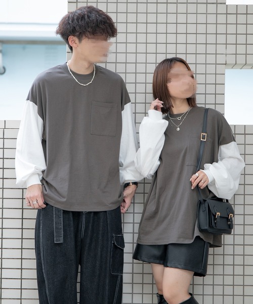 PairPair（ペアペア）の「ポケット付きBASICロンT(ユニセックス)（Tシャツ/カットソー・レディース・ライトカーキ/オフホワイト/ブルー系その他/グレイッシュブルー/ブラック系その他/ブラウン/スミクロ・FREE）」の3枚目の写真