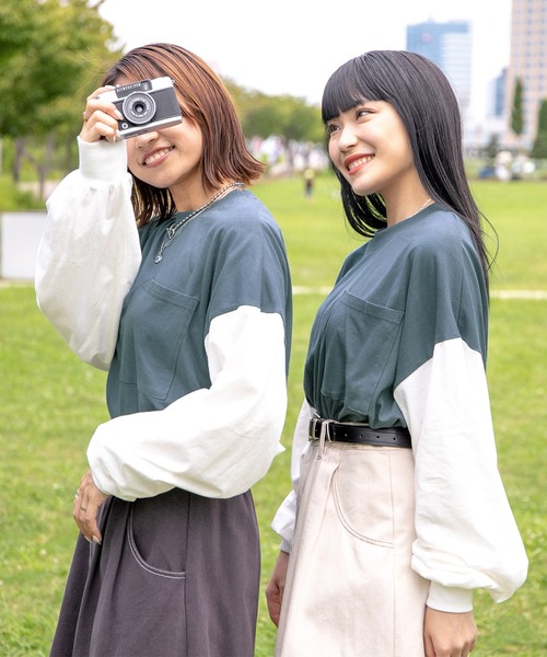 PairPair（ペアペア）の「ポケット付きBASICロンT(ユニセックス)（Tシャツ/カットソー・レディース・ライトカーキ/オフホワイト/ブルー系その他/グレイッシュブルー/ブラック系その他/ブラウン/スミクロ・FREE）」の6枚目の写真