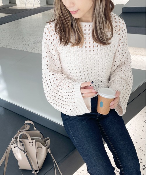 StyleSea（スタイルシー）の「メッシュニットショートプルオーバー（ニット/セーター・レディース・オフホワイト/ベージュ/ブラック/アイボリー/ホワイト系その他/グレイッシュベージュ/ブラウン系その他・MEDIUM/FREE）」の2枚目の写真