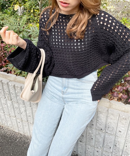 StyleSea（スタイルシー）の「メッシュニットショートプルオーバー（ニット/セーター・レディース・オフホワイト/ベージュ/ブラック/アイボリー/ホワイト系その他/グレイッシュベージュ/ブラウン系その他・MEDIUM/FREE）」の14枚目の写真