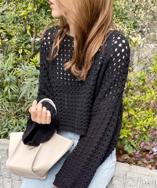 StyleSea（スタイルシー）の「メッシュニットショートプルオーバー（ニット/セーター・レディース・オフホワイト/ベージュ/ブラック/アイボリー/ホワイト系その他/グレイッシュベージュ/ブラウン系その他・MEDIUM/FREE）」の13枚目の写真