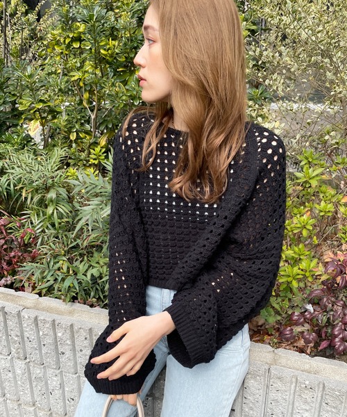 StyleSea（スタイルシー）の「メッシュニットショートプルオーバー（ニット/セーター・レディース・オフホワイト/ベージュ/ブラック/アイボリー/ホワイト系その他/グレイッシュベージュ/ブラウン系その他・MEDIUM/FREE）」の12枚目の写真