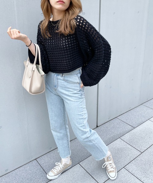 StyleSea（スタイルシー）の「メッシュニットショートプルオーバー（ニット/セーター・レディース・オフホワイト/ベージュ/ブラック/アイボリー/ホワイト系その他/グレイッシュベージュ/ブラウン系その他・MEDIUM/FREE）」の9枚目の写真