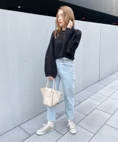 StyleSea（スタイルシー）の「メッシュニットショートプルオーバー（ニット/セーター・レディース・オフホワイト/ベージュ/ブラック/アイボリー/ホワイト系その他/グレイッシュベージュ/ブラウン系その他・MEDIUM/FREE）」の8枚目の写真