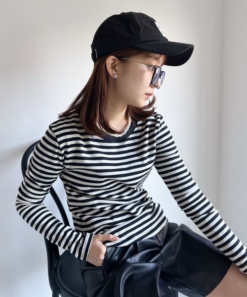 at12:03(アットイチニーゼロサン)の「指穴ボーダーカットソー(Tシャツ/カットソー・レディース・ブラック/グリーン・FREE)」の5枚目の写真