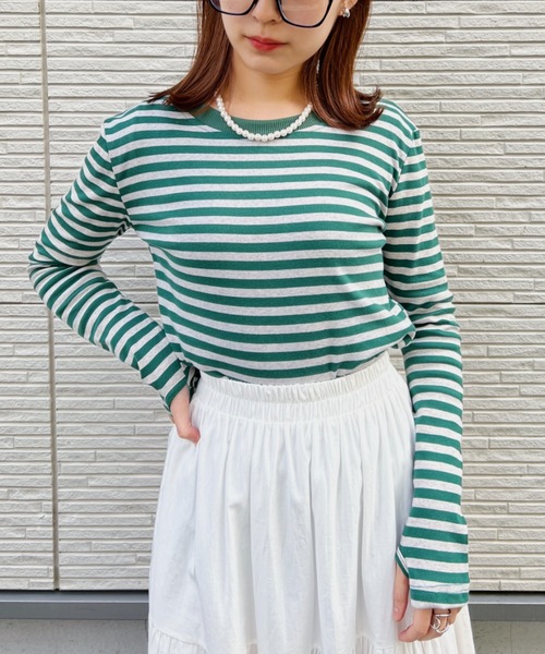 at12:03(アットイチニーゼロサン)の「指穴ボーダーカットソー(Tシャツ/カットソー・レディース・ブラック/グリーン・FREE)」の12枚目の写真