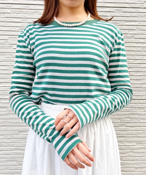 at12:03(アットイチニーゼロサン)の「指穴ボーダーカットソー(Tシャツ/カットソー・レディース・ブラック/グリーン・FREE)」の10枚目の写真