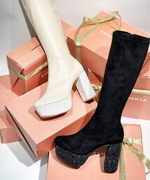 厚底ラク盛りグリッターヒールロングブーツ