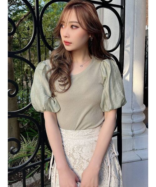 RESEXXY（リゼクシー）の「バルーンスリーブリブトップス（Tシャツ/カットソー・レディース・グリーン/ホワイト/ブラック/ピンク・FREE）」の3枚目の写真