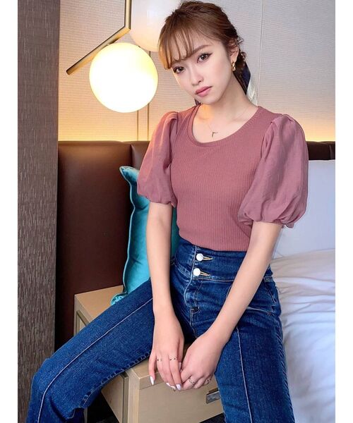 RESEXXY（リゼクシー）の「バルーンスリーブリブトップス（Tシャツ/カットソー・レディース・グリーン/ホワイト/ブラック/ピンク・FREE）」の5枚目の写真