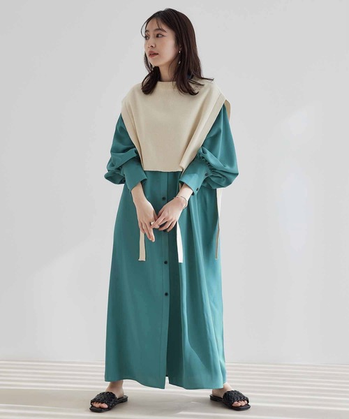 【WEB限定】【SET】バンドカラーシャツワンピース&ニットベストセット