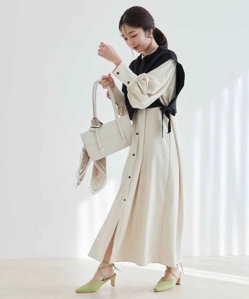【WEB限定】【SET】バンドカラーシャツワンピース&ニットベストセット