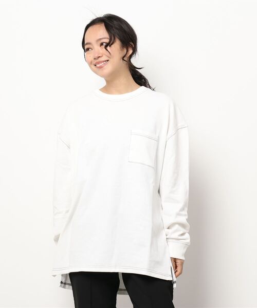 THISIS(ディスイズ)の「ビッグシルエット ステッチング ロングTシャツ レディース(Tシャツ/カットソー・レディース・ブラック/サンドベージュ/サックスブルー/チャコール/ホワイト/グリーン・X-LARGE/MEDIUM/LARGE)」の9枚目の写真
