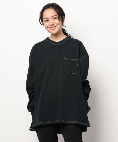 THISIS(ディスイズ)の「ビッグシルエット ステッチング ロングTシャツ レディース(Tシャツ/カットソー・レディース・ブラック/サンドベージュ/サックスブルー/チャコール/ホワイト/グリーン・X-LARGE/MEDIUM/LARGE)」の10枚目の写真