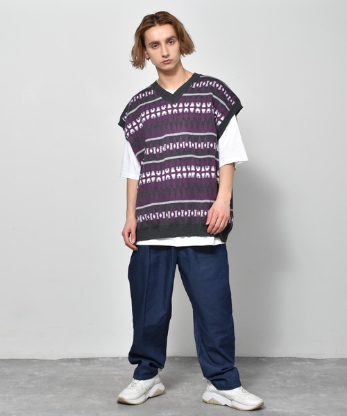 Starting Over（スターティングオーバー）の「幾何学ジャガードビッグベスト（ベスト・メンズ・グリーン/チャコール/ベージュ・L/M/XL）」の2枚目の写真