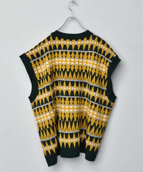 Starting Over（スターティングオーバー）の「幾何学ジャガードビッグベスト（ベスト・メンズ・グリーン/チャコール/ベージュ・L/M/XL）」の10枚目の写真