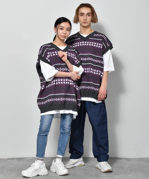 Starting Over（スターティングオーバー）の「幾何学ジャガードビッグベスト（ベスト・メンズ・グリーン/チャコール/ベージュ・L/M/XL）」の19枚目の写真