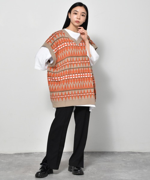 Starting Over（スターティングオーバー）の「幾何学ジャガードビッグベスト（ベスト・メンズ・グリーン/チャコール/ベージュ・L/M/XL）」の18枚目の写真