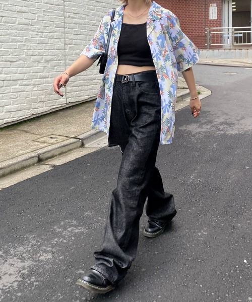 WHO'S WHO gallery(フーズフーギャラリー)の「サテンアロハシャツ(シャツ/ブラウス・レディース・ブラック/ベージュ/サックスブルー・FREE)」の8枚目の写真