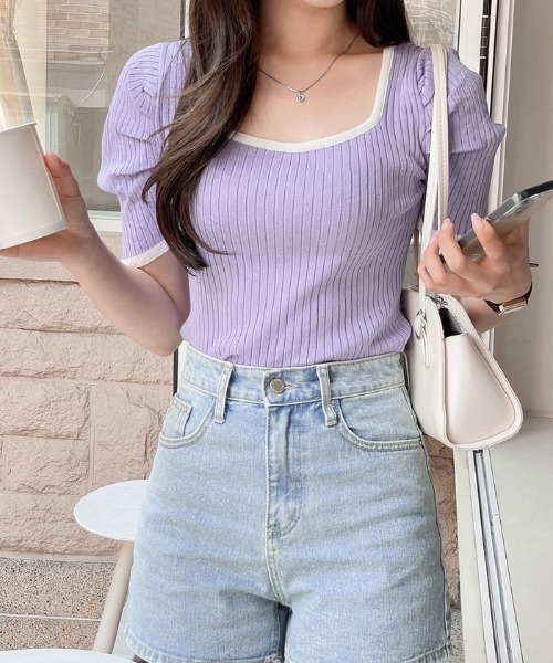 SONA（ソナ）の「SONYUNARA スクウェアハーフ袖ニット（Tシャツ/カットソー・レディース・ライトパープル/ブラック/レッド/ピンク/グリーン/アイボリー・FREE）」の19枚目の写真