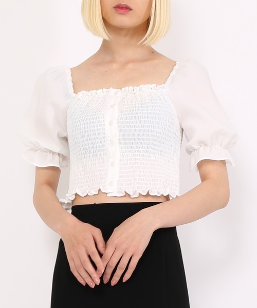 PUNYUS（プニュズ）の「シャーリングショートブラウス（シャツ/ブラウス・レディース・ブラック/ホワイト・4/1/2/3）」の8枚目の写真